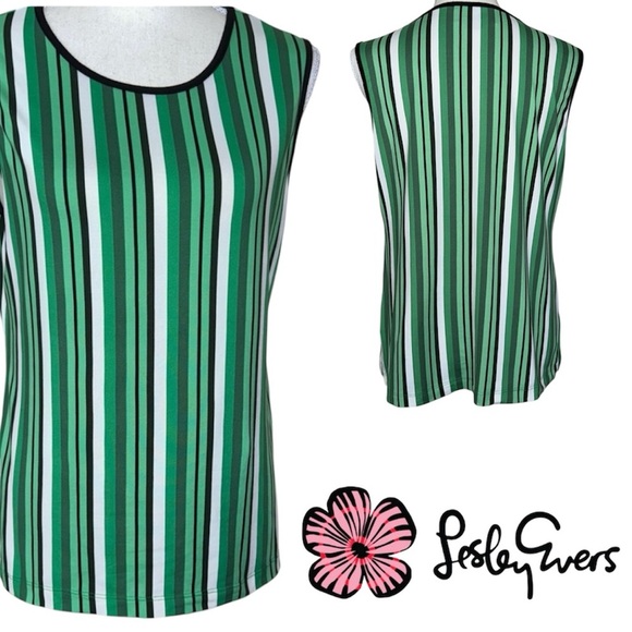 Lesley Evers Striped Green Sleeveless Tank Top Contrast Trim Multi Hues - Picture 11 of 11